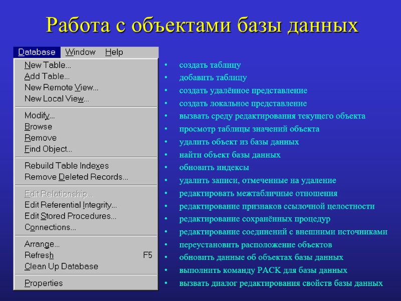 Работа с объектами базы данных  создать таблицу добавить таблицу создать удалённое представление создать